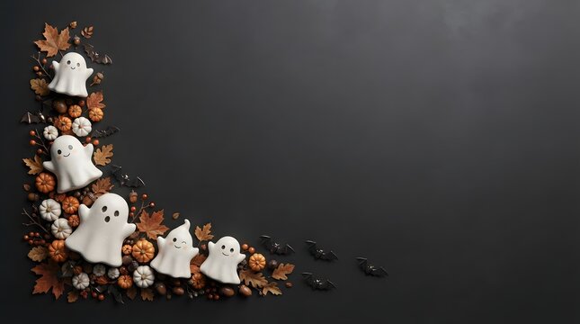 A festive halloween background featuring a corner border of cute ghosts and assorted candy on a dark grey surface
