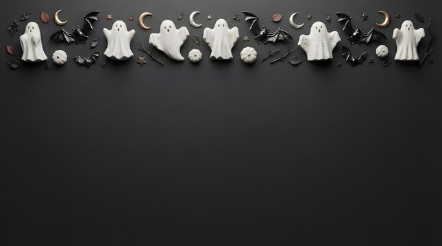 Top border of white ghost shaped halloween cookies and black decorations on a dark black background flat lay