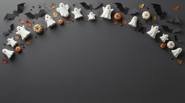 Top view of a halloween themed border with white ghost figures and black bats on a dark background