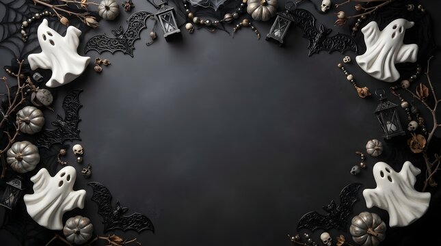 Halloween background with white ghosts and dark pumpkins arranged in a frame on a black surface