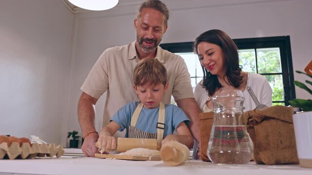 Family Baking Bread Together in Bright Home Kitchen, Parent Helping Boy Prepare Fresh Dough, Sharing Joyful Cooking Moment with Homemade Food and Warm Family Lifestyle