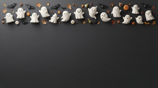 Top border of cute ghost shaped cookies on a dark black background with copy space for halloween text