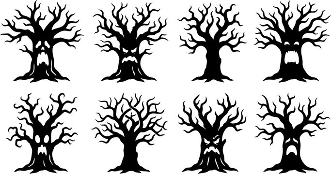 ancient twisted tree silhouette collection with eerie woodland character