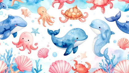 Fototapeta premium Adorable seamless pattern of baby whales and dolphins swimming underwater, cute cartoon style, soft ocean colors. 
