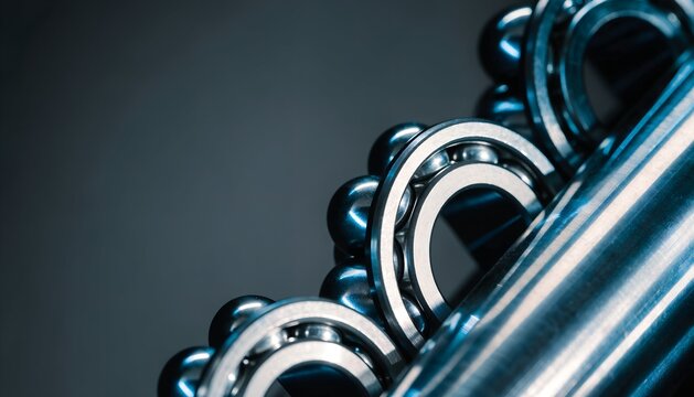 Macro close-up of multiple metallic ball bearings with polished steel rings and rolling elements, showcasing mechanical components, industrial engineering, precision manufacturing, and technology.