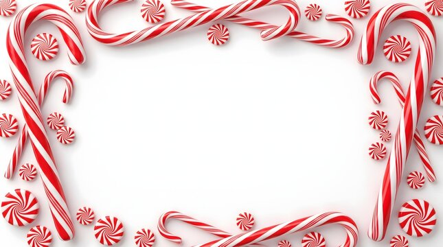 Festive christmas border made of red and white candy canes and peppermint swirls on white background