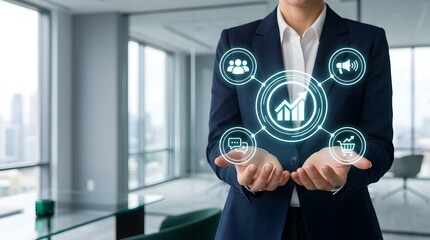 Obraz premium Businesswoman interacting with digital network interface and data analytics visualization