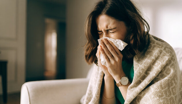 Woman Experiencing Cold and Flu Symptoms While Resting at Home