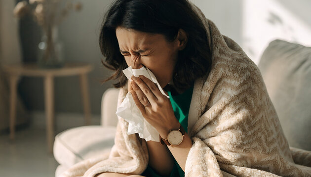 Woman Experiencing Cold and Flu Symptoms While Resting at Home