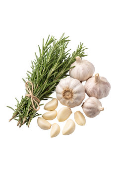 Fresh Rosemary and Garlic Isolated on Transparent Background