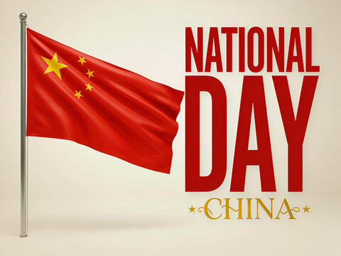 Photorealistic composition of a waving Chinese national flag on the left: vivid deep red fabric (hex #DE2910) with one large golden star and four smaller golden stars (hex #FFDE00) arranged in the cla