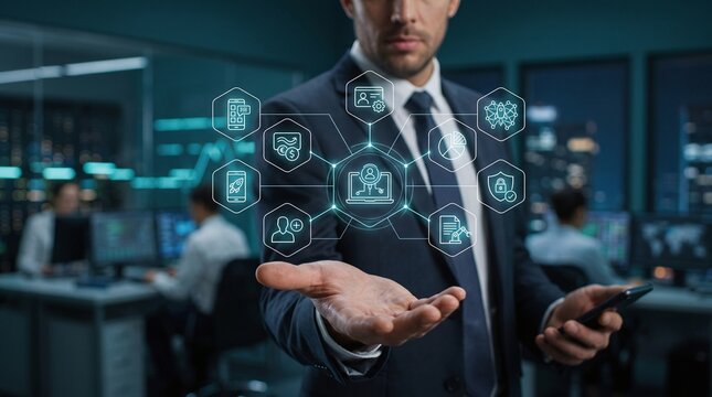 Tech executive holding a holographic digital workspace and enterprise application management dashboard.