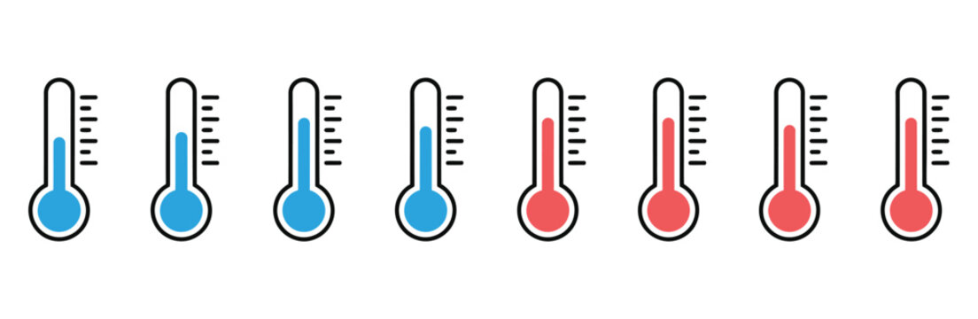 thermometer weather icons vector collection, temperature gauge symbols for climate monitoring hot cold conditions forecasting and digital interface design
