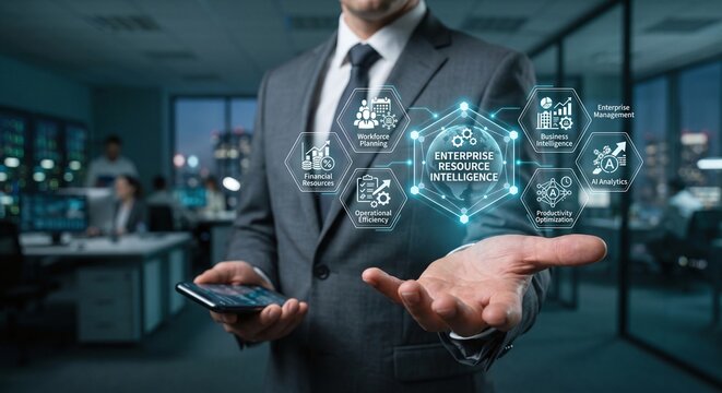 Business leader presenting a holographic Enterprise Resource Intelligence and workforce planning dashboard.