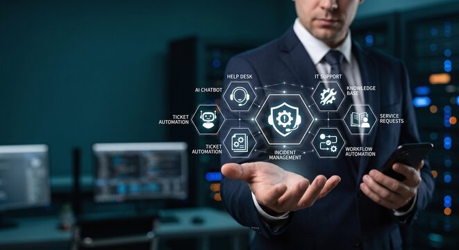 IT support manager displaying a holographic Incident Management and AI help desk dashboard.