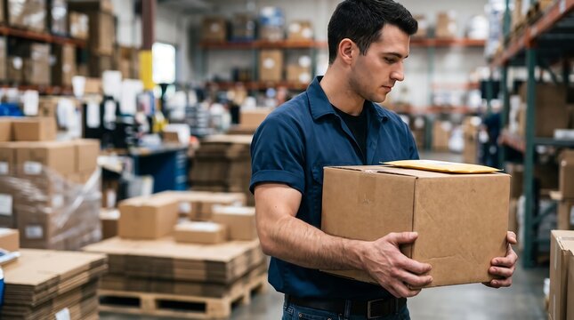 Focused warehouse employee holding cardboard shipping box and looking at inventory in professional logistics facility for order fulfillment and distribution business operations today