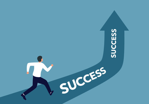 Businessman runs along the growing up arrow success way.