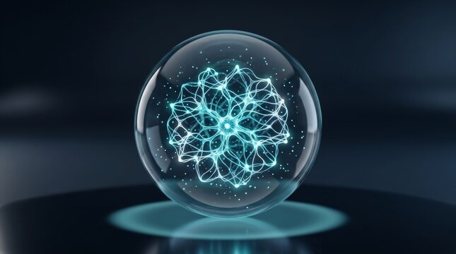 Glowing blue neural network structure inside a transparent glass spher