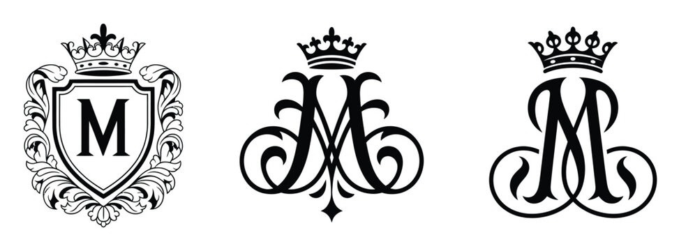 three black and white vector monograms with ornate crowns, letter m initials and decorative flourishes for luxury branding emblem and elegant design