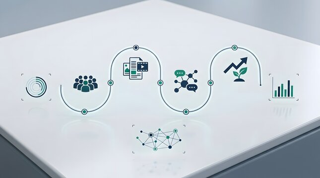 Business process flow chart with icons representing strategy development and growth on a white background