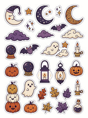 Fototapeta premium Cute Helloween sticker set with pumpkins ghosts bats and moons doodle vector