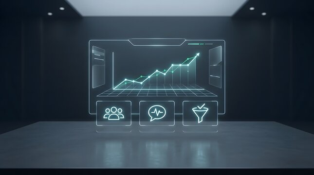 Futuristic digital interface showing financial growth charts and data analytics in a dark virtual studio environment for business presentations
