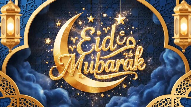 Golden Eid Mubarak calligraphy with crescent moon and lanterns