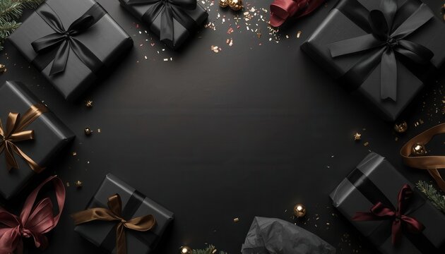Elegant Gift Boxes: A collection of meticulously wrapped gift boxes, adorned with luxurious satin ribbons in shades of black and burgundy.