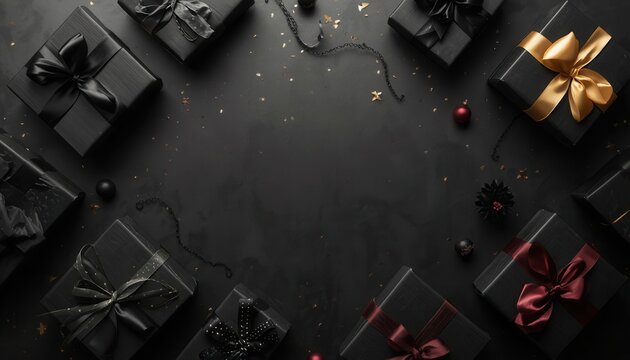 Luxurious Black Gift Boxes: An elegant arrangement of black gift boxes, adorned with satin ribbons in shades of gold, red, and black, scattered with subtle confetti on a dark, textured background.