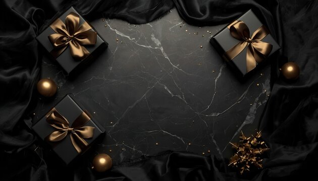 Luxurious Gift Box Arrangement: Four elegant black gift boxes, each adorned with a golden satin bow.