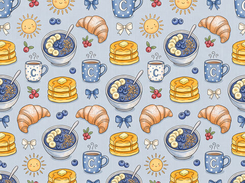 Hand drawn seamless pattern with breakfast food illustrations