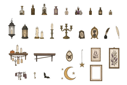 Vintage Witch Room Magic Objects and Decorative Frames Set