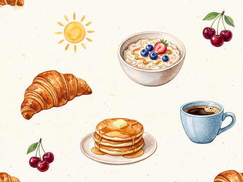Watercolor breakfast food seamless pattern with pancakes and coffee