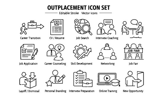 Title: Employee Career Transition and Outplacement Support Line Icons
