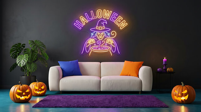 White sofa with halloween decor pumpkins and neon sign