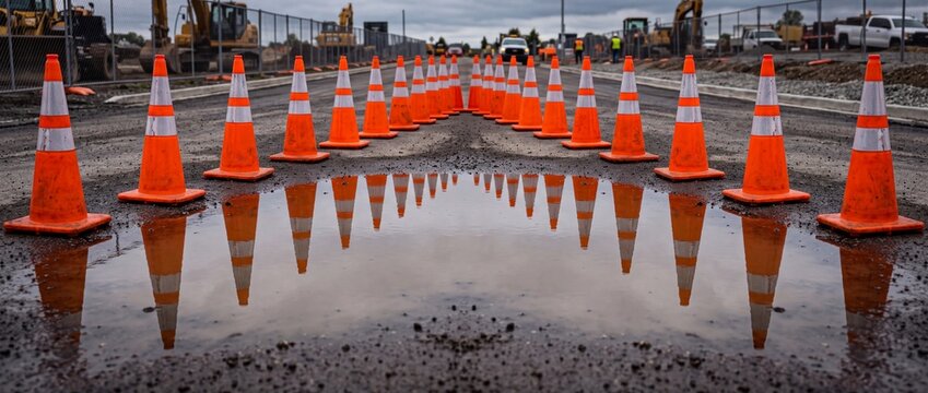 Row of orange traffic cones on wet asphalt road with puddle reflections under cloudy sky indicating construction zone.