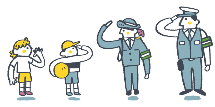 敬礼で結ばれる交通警察官と小学生 交通安全を守り合う気持ちを伝えるイラストセット
