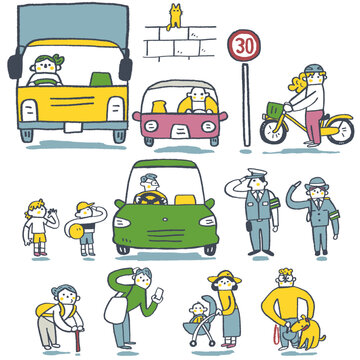 警察官と学ぶ生活道路の交通ルール 法定速度30キロ改正と町の交通安全 セットイラスト
