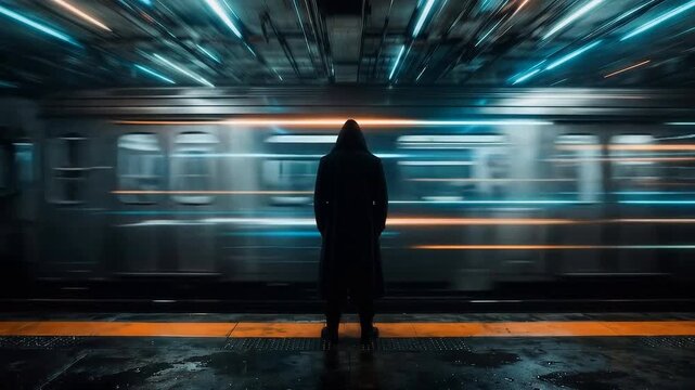 Hooded silhouette waiting on subway platform as train speeds past with neon light trails motion blur cyberpunk loop