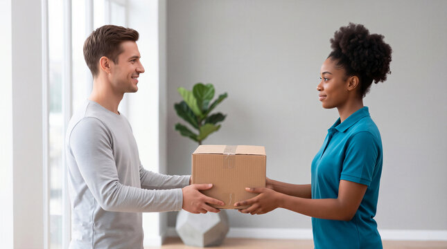 Delivery woman handing a cardboard box to a smiling male customer inside a home