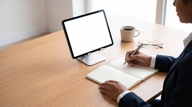 Businesswoman writing in a notebook at a desk next to a blank tablet screen and coffee cup