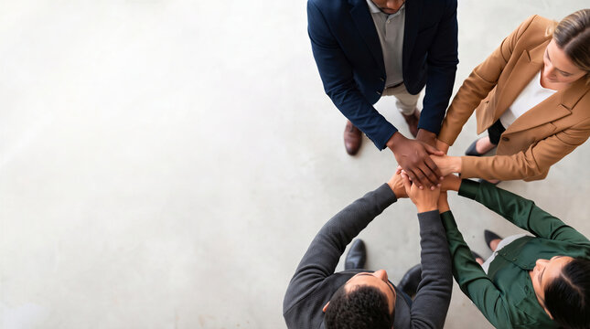 Group of business people stacking their hands together in a bright modern office