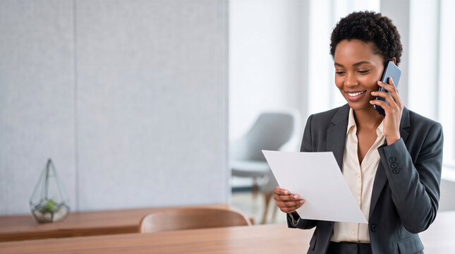 Businesswoman talking on her smartphone while reading a document in a modern office