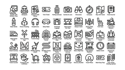 Collection of travel and train journey icons with transparent backgrounds for various adventure and commute themes © Life
