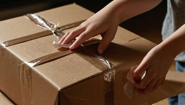 Close Up Hands Sealing Cardboard Parcel Box with Adhesive Tape for Shipping