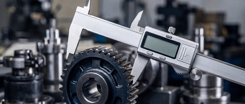 Digital caliper measuring black steel gear tooth provides accurate quality control for mechanical engineering and automotive manufacture.