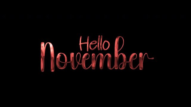 Shiny rose gold metallic hello november text luxury typography design for greeting cards, social media posts, calendars, wallpapers, prints.