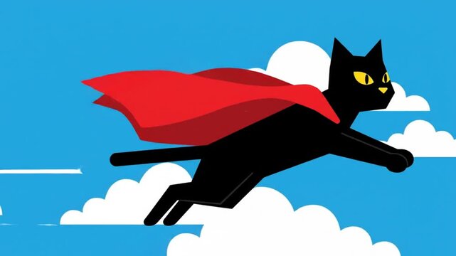 Black Cat Superhero Flying Through Clouds Sky Illustration.