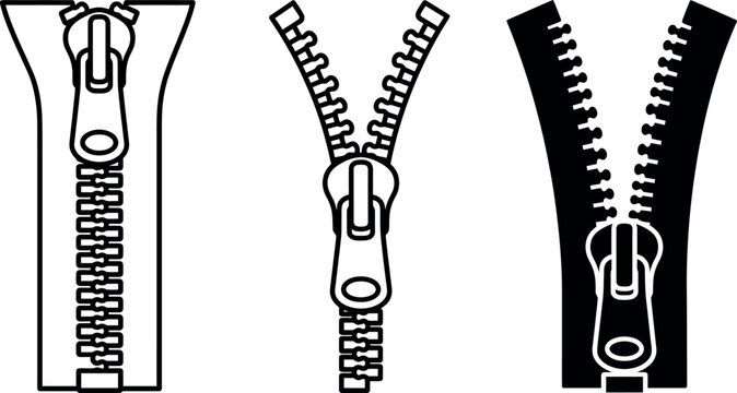 Three line art and silhouette illustrations of zippers in various stages of being opened and closed.