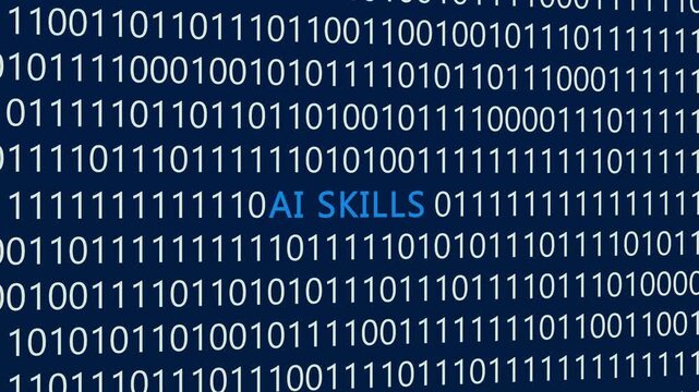 AI Skills text or word with digital binary animation made in After Effects for digital world technology concept, representing artificial intelligence proficiency, machine learning expertise